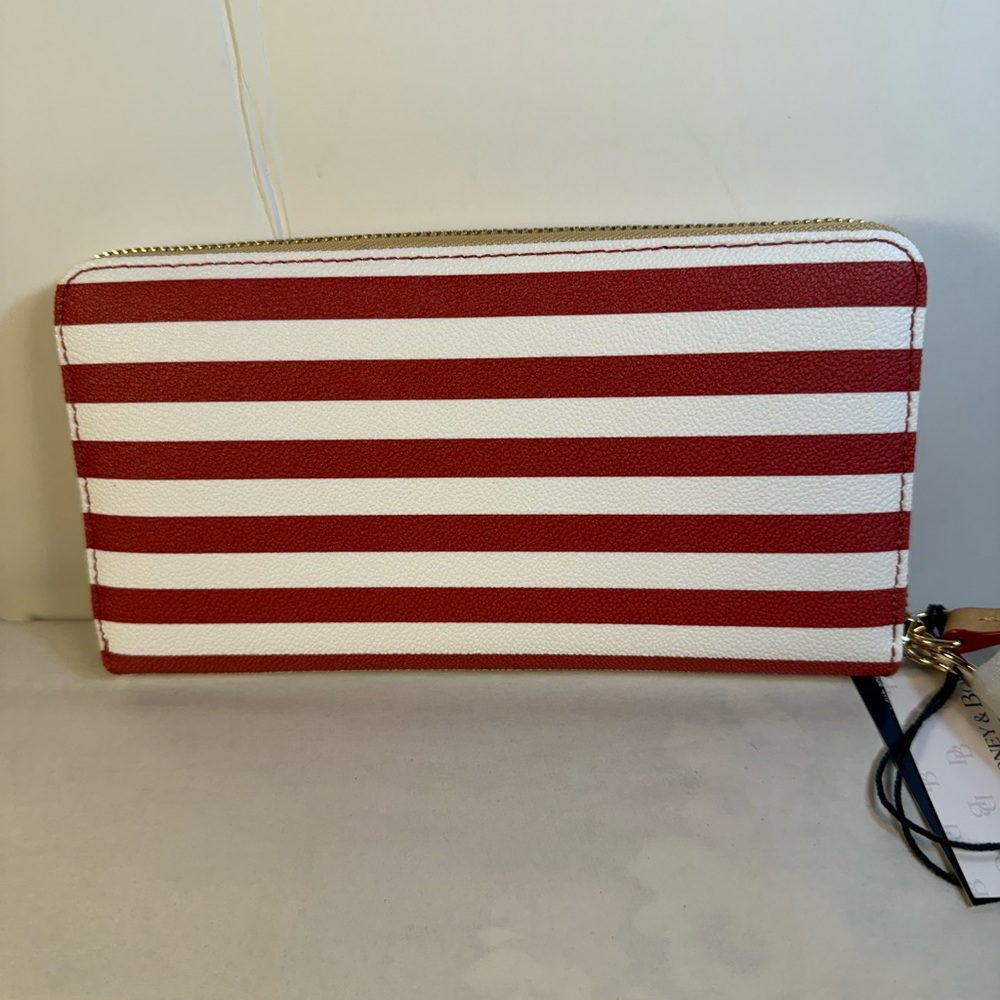 Dooney & Bourke Red and White Striped Zip-Around Wallet Wristlet - Picture 2 of 3